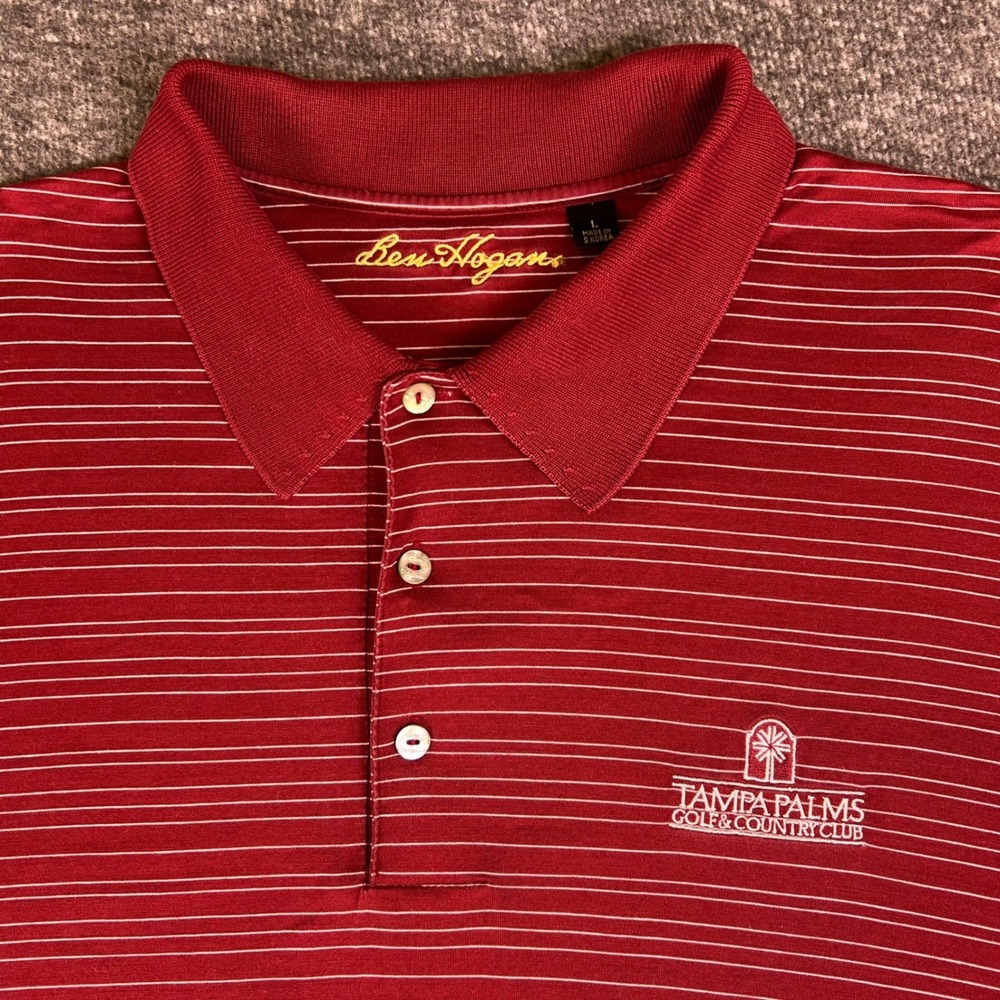 Ben Hogan Mens Large Golf Polo Shirt Red Striped Tampa Palms Golf Club Casual